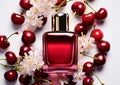 Blossom cherry perfume fragrance bottle on top of ripe cherries on white background.Macro.AI Generative