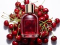 Blossom cherry perfume fragrance bottle on top of ripe cherries on white background.Macro.AI Generative