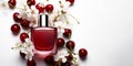 Blossom cherry perfume fragrance bottle on top of ripe cherries on white background.Space for text.AI Generative