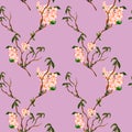 Blossom cherry tree seamless pattern watercolor on lilac Royalty Free Stock Photo