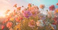 pink meadow beautiful field violet background sunset nature blooming environment flower. Generative AI.