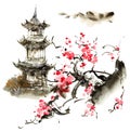 Blossom sakura and pagoda building Royalty Free Stock Photo