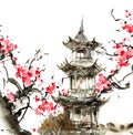 Blossom sakura and pagoda building Royalty Free Stock Photo
