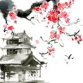 Blossom sakura and pagoda building Royalty Free Stock Photo