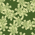 Blossom seamless pattern with light green random flowers print. Green background. Creative blossom ornament