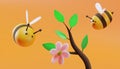 Blossom tree branch. Sweet little bees flying. 3D illustration. Vector