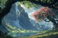 Blossom Tree Waterfall Hill Painting With Generative AI