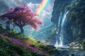 Blossom Tree Waterfall Hill Painting With Generative AI