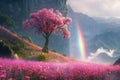 Blossom Tree Waterfall Hill Painting With Generative AI