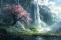 Blossom Tree Waterfall Hill Painting With Generative AI