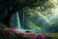 Blossom Tree Waterfall Hill Painting With Generative AI