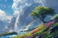 Blossom Tree Waterfall Hill Painting With Generative AI