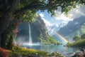 Blossom Tree Waterfall Hill Painting With Generative AI