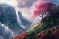 Blossom Tree Waterfall Hill Painting With Generative AI