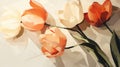 Blossom tulips peach fuzz color soft overexposed shading. Beautiful spring floral background.