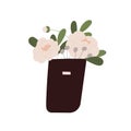Blossomed cut flowers in bucket. Fresh lush peony in vase. Blooming floral plant and leaf. Elegant spring buds with