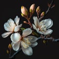 Blossoming almond branch isolated on black close-up. Lovely spring flower background, Royalty Free Stock Photo