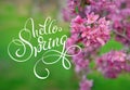 Blossoming apple-tree on a background of green grass and text Hello Spring. Calligraphy lettering Royalty Free Stock Photo