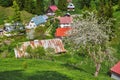 Blossoming apple tree and old miner`s settlement at Moce Royalty Free Stock Photo