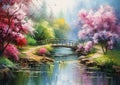 Blossoming Beauty: A Serene Painting of a Bridge Over a Pink Flo