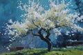 Blossoming Beauty: A Vibrant Spring Scene of White Trees, Blue S Royalty Free Stock Photo