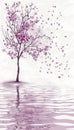 Blossoming cherry tree, soft sky, drifting petals, serene pond reflection, peaceful nature scene Royalty Free Stock Photo