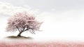 A blossoming cherry tree stands alone amidst a field of pink flowers under a cloudy sky, representing the beauty and tranquility Royalty Free Stock Photo