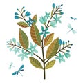 The blossoming decorative stylized branch with blue colors and dragonflies. Vector illustration isolated on white background