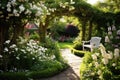 Blossoming flowers in a garden, beautiful villa in the garden