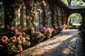 Blossoming flowers in a garden, beautiful villa in the garden