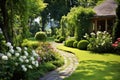 Blossoming flowers in a garden, beautiful villa in the garden