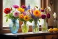 Blossoming Harmony: Still Life of a Variety of Flowers Arranged in a Clear Glass Vase - Each Bloom Expressing Different Shades of Royalty Free Stock Photo