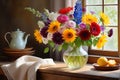 Blossoming Harmony: Still Life of a Variety of Flowers Arranged in a Clear Glass Vase - Each Bloom Expressing Different Shades of Royalty Free Stock Photo