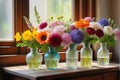 Blossoming Harmony: Still Life of a Variety of Flowers Arranged in a Clear Glass Vase - Each Bloom Expressing Different Shades of Royalty Free Stock Photo