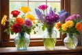 Blossoming Harmony: Still Life of a Variety of Flowers Arranged in a Clear Glass Vase - Each Bloom Expressing Different Shades of Royalty Free Stock Photo