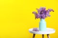 Blossoming lilac flowers in vase on table against color background.