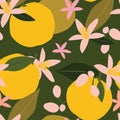 Blossoming of oranges. Citrus tropical fruits on a green background with green leaves create a cute seamless pattern