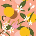 Blossoming of oranges. Citrus tropical fruits on a pink background with green leaves create a cute seamless pattern