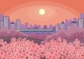 Blossoming Oriental cherry and city