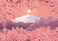 Blossoming Oriental cherry and mountain