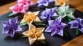 Blossoming Origami Flowers on Parchment Paper - Artistic Floral Craft Photography for Creative Projects. Royalty Free Stock Photo