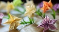 Blossoming Origami Flowers on Parchment Paper - Artistic Floral Craft Photography for Creative Projects. Royalty Free Stock Photo