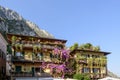 Blossoming picturesque houses on lakeside, Limone, Italy Royalty Free Stock Photo