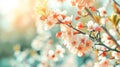 Blossoming pink cherry trees garden in spring. Spring nature freshness and renewal background