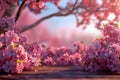 Blossoming Pink Cherry Trees with Soft Sunlight Shining on Wooden Path in Serene Spring Landscape Royalty Free Stock Photo