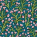 Blossoming prickles on the dark blue background. Seamless pattern. Gouache painting. Floral print design Royalty Free Stock Photo