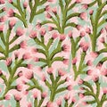 Blossoming prickles. Seamless pattern. Gouache painting. Floral print design in pink and green colors Royalty Free Stock Photo