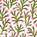 Blossoming prickles. Seamless pattern. Gouache painting. Floral print design in pink and green colors Royalty Free Stock Photo