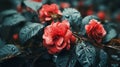 Blossoming in Rain\'s Embrace, Red Flowers and Fresh Green Leaves, Generative AI