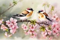 On the blossoming spring branches of sakura, birds are perched Royalty Free Stock Photo